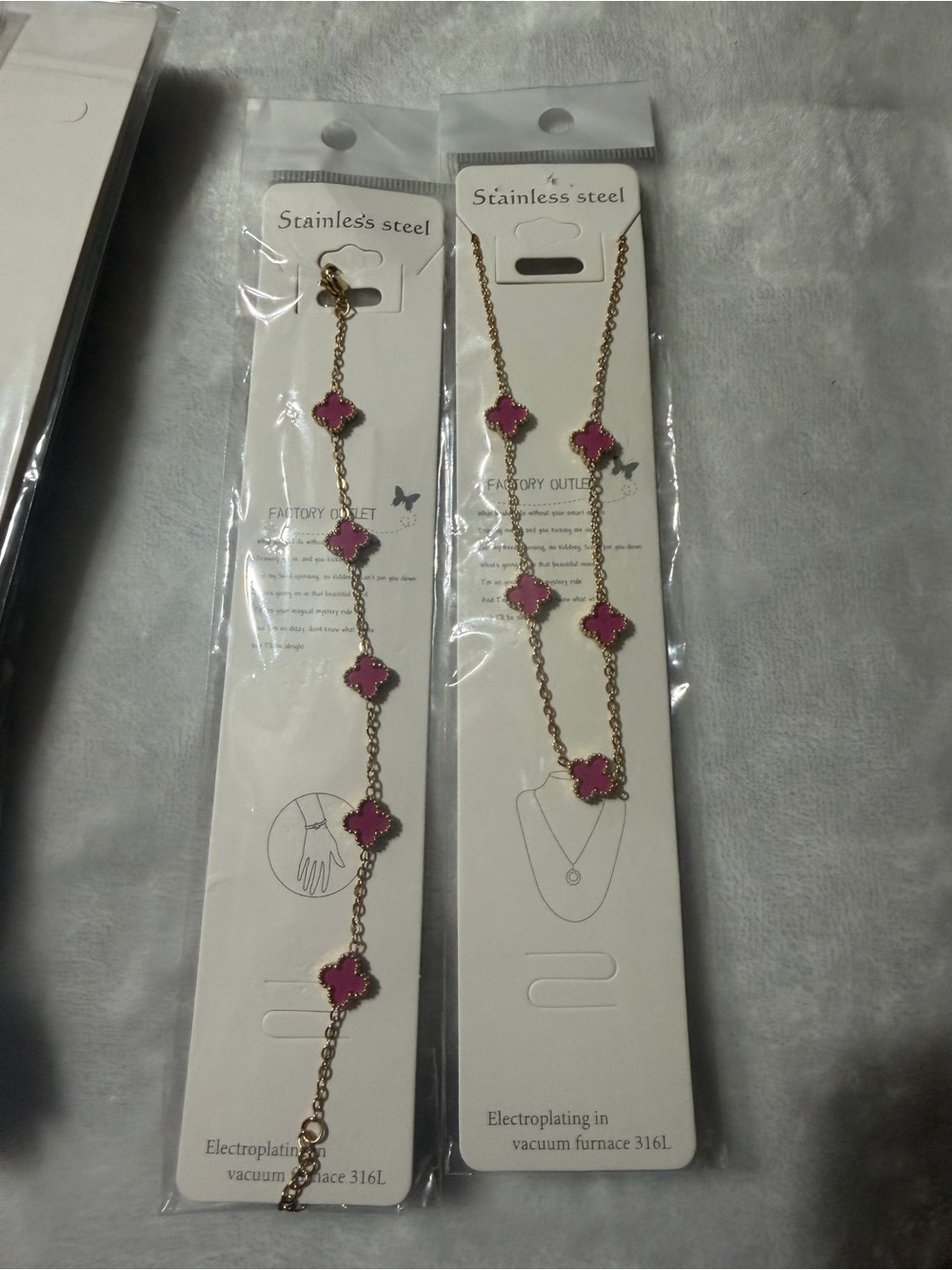 Stainless Steel Small Pink Clover Necklace & Bracelet Set